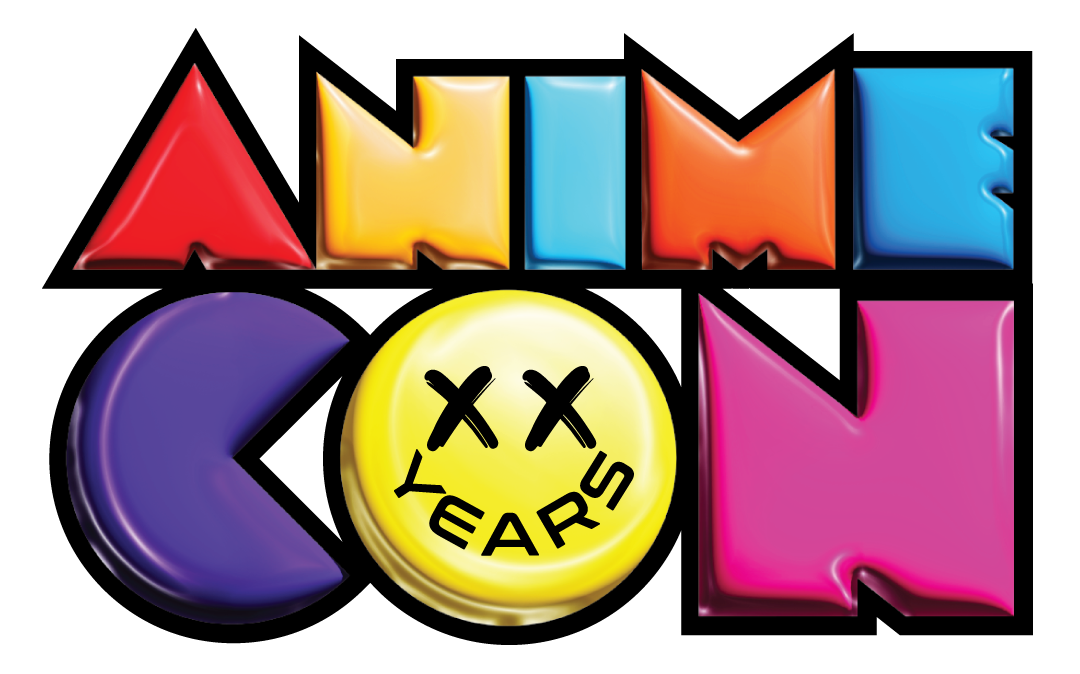 Colorful pop style illustration of Animecon with a letter O as a face with two Xs for eyes and the word years - meaning 20 years of Animecon. . 