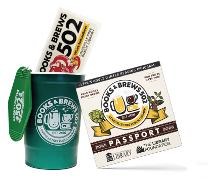 Books and Brews passport and the three prizes: Sticker, keychain and metal cup
