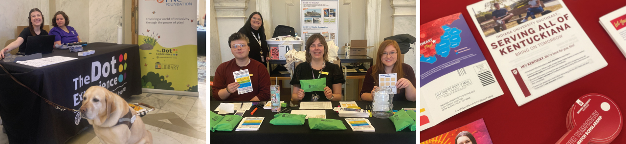 The dot experience staff, library staff at a Career Fair Table, brochures of University of Indiana