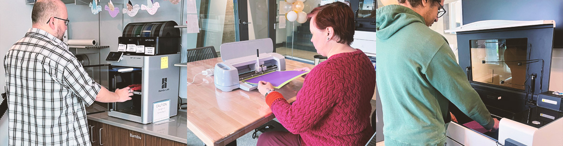 People using a 3D printer, a Cricut and a laser cutter