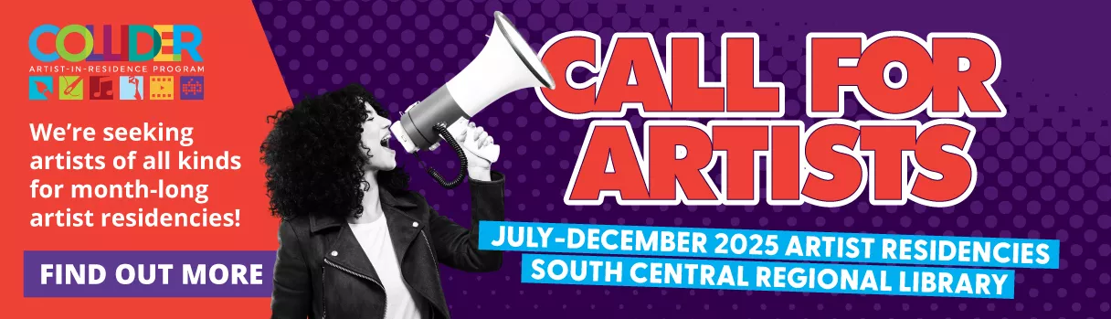 Women with megaphone and a call for COLLIDER artists