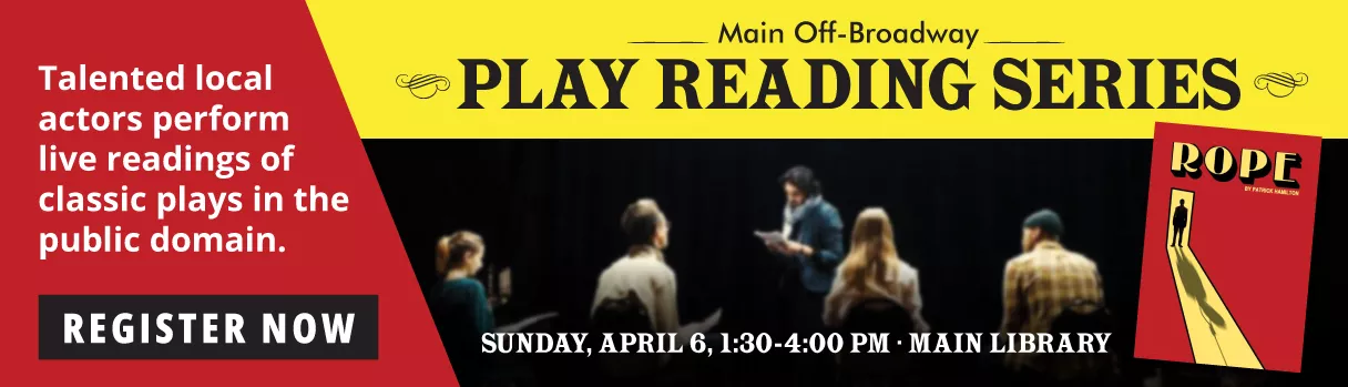 Actors reading a play with the poster for Rope by Patrick Hamilton