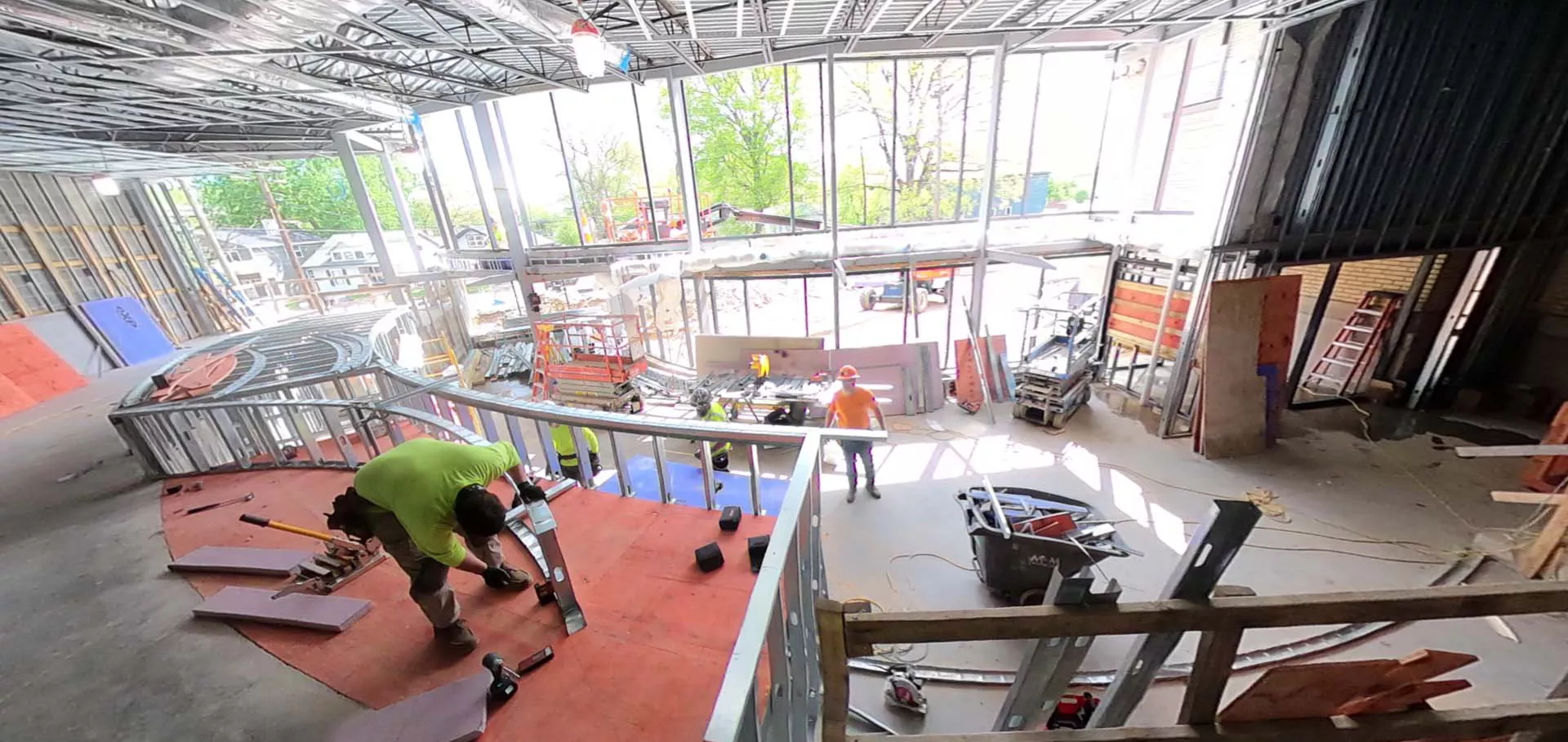 Internal construction with railings being installed