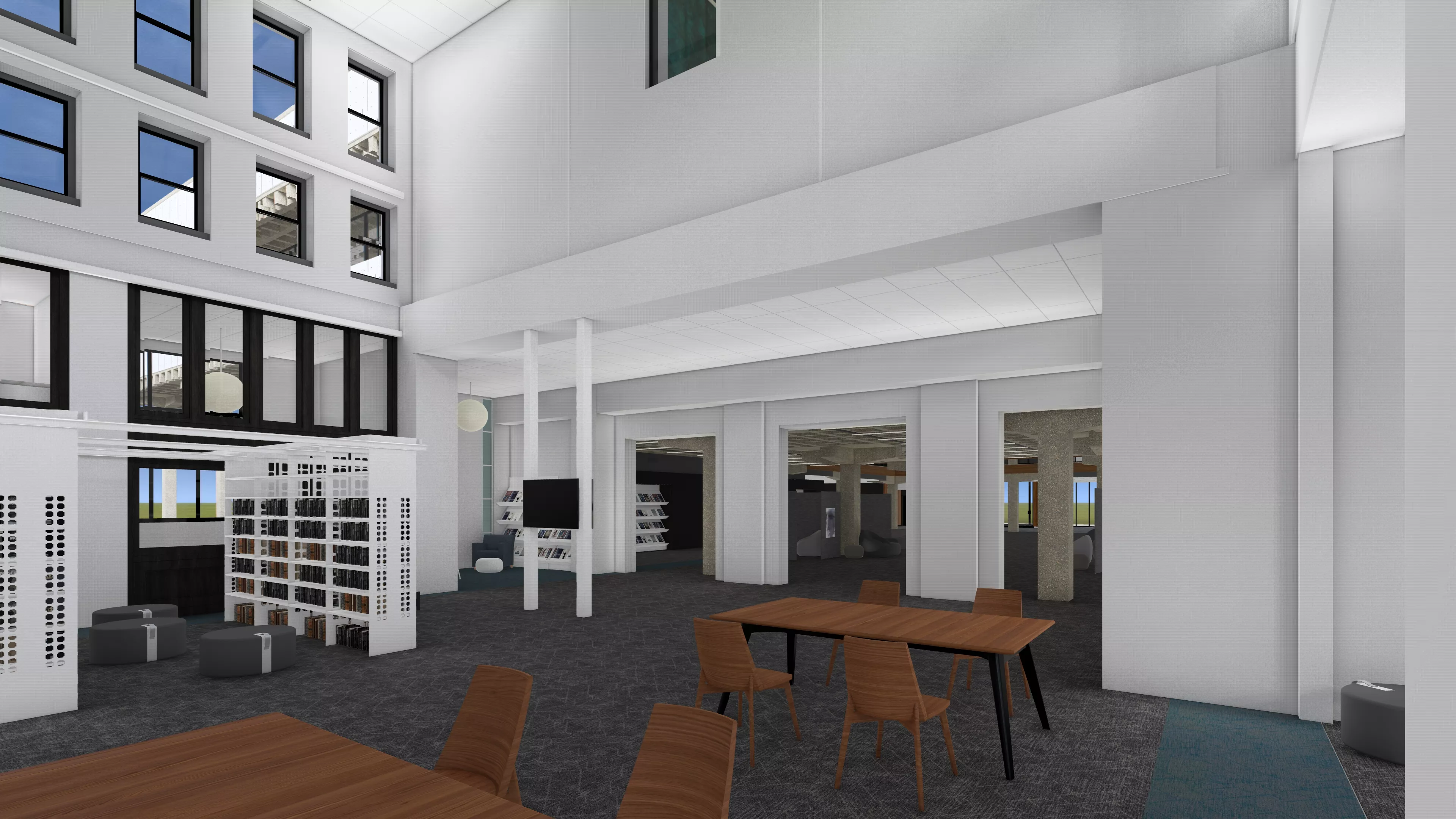 Stacks area open with seating and shelving