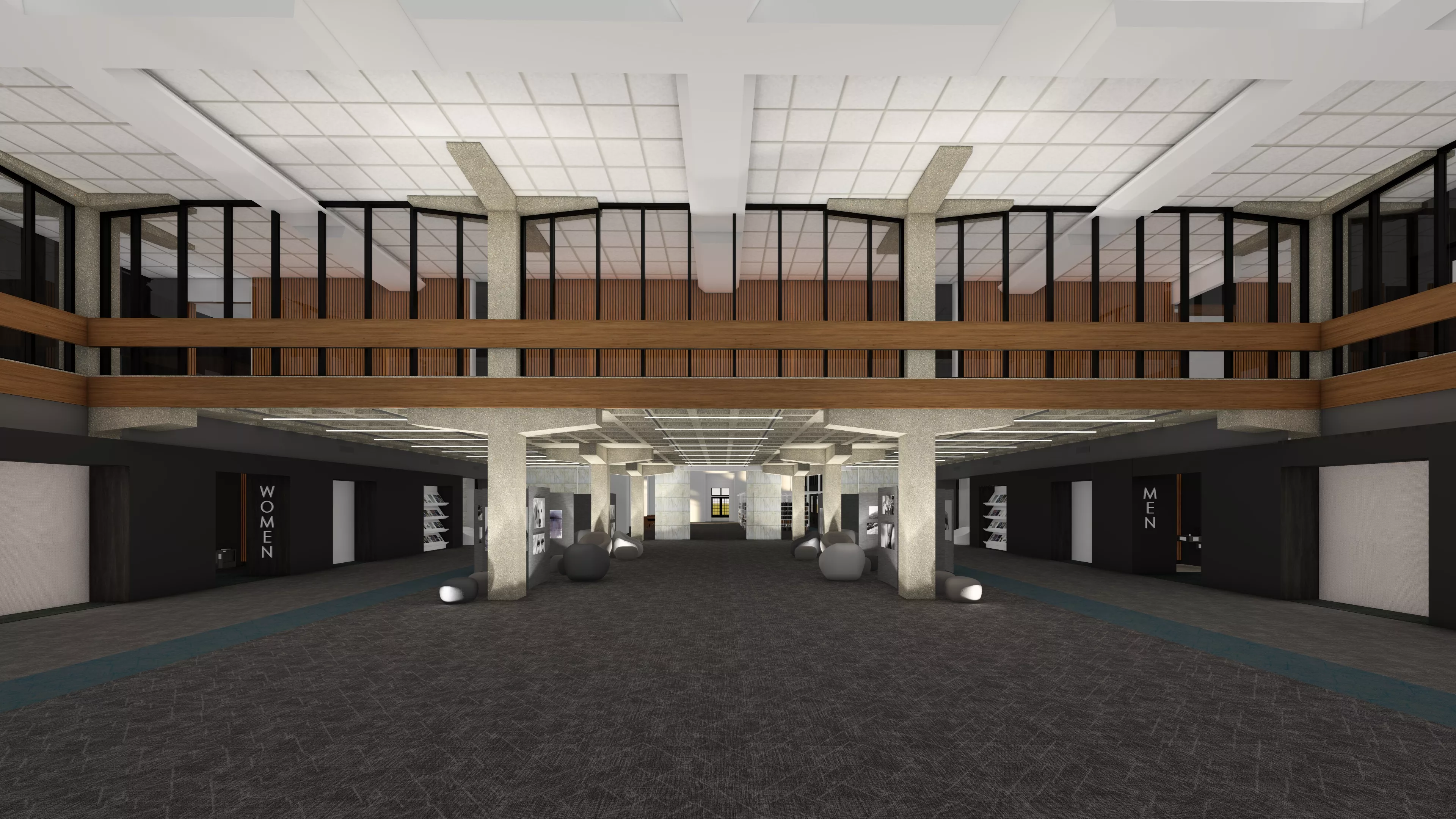 Open view of the North Lobby with a clear view through the now open stacks