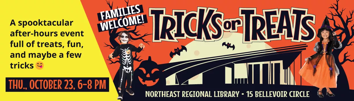 Kids in halloween costumes in from of the Northeast Library