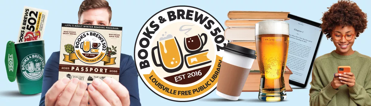 Books and Brews 502 Cup, keychain, coffee, beer, books and eReader.