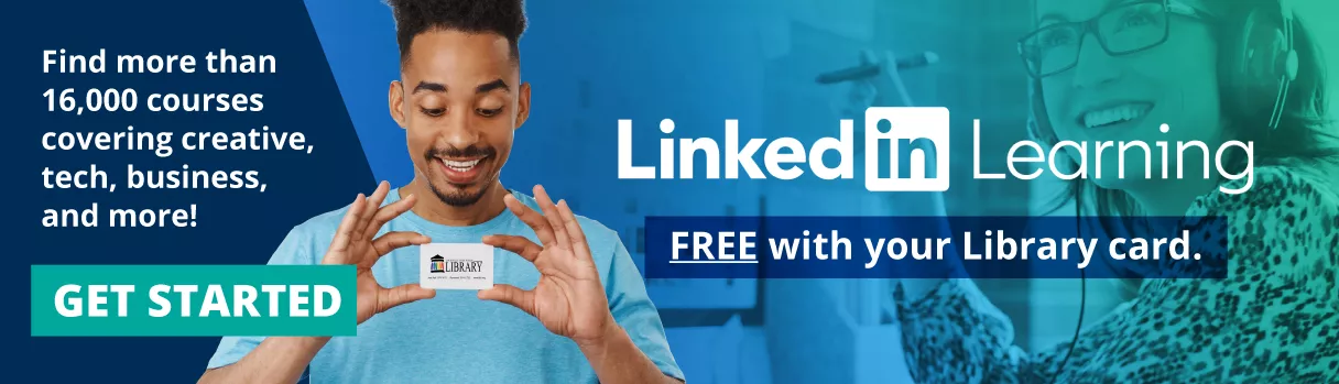 Man holding a library card with a lady in the background with headphones