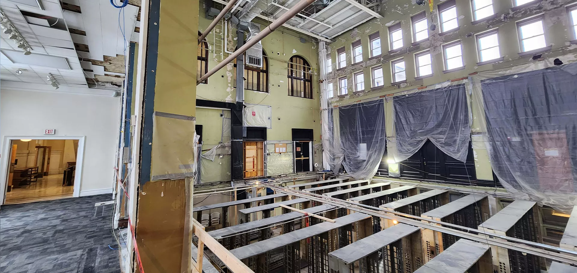 View of the open stacks and gallery