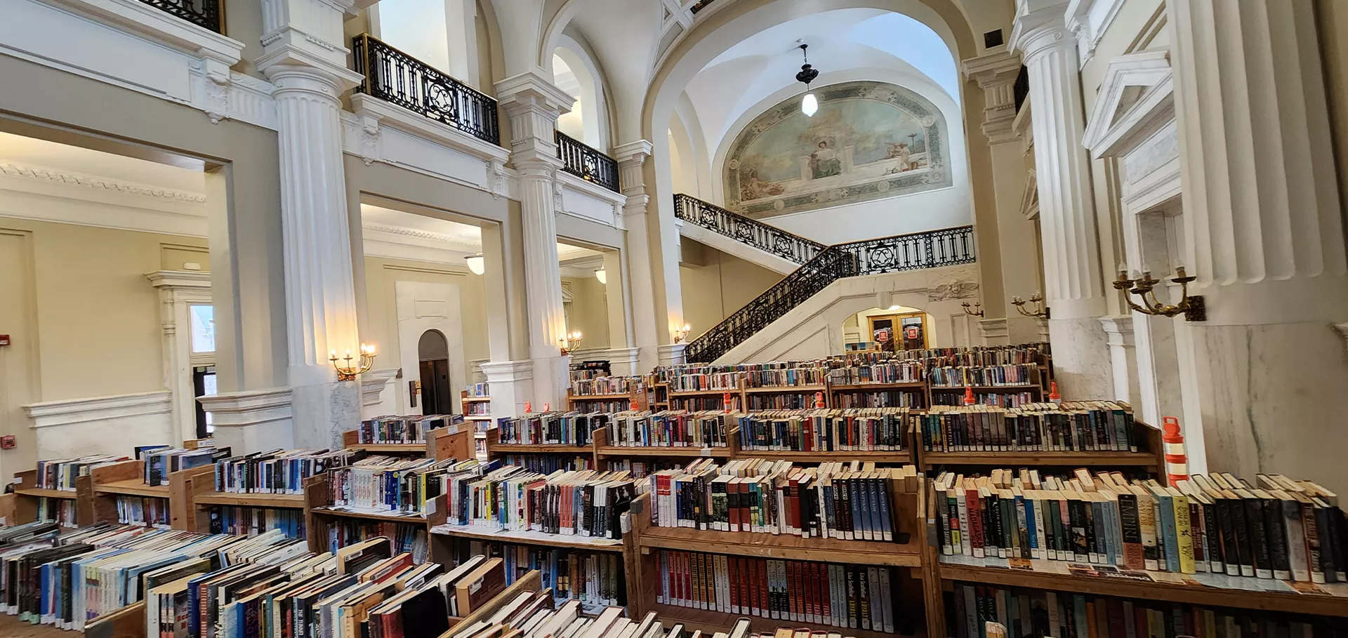 York Street Lobby with wooden carts of books