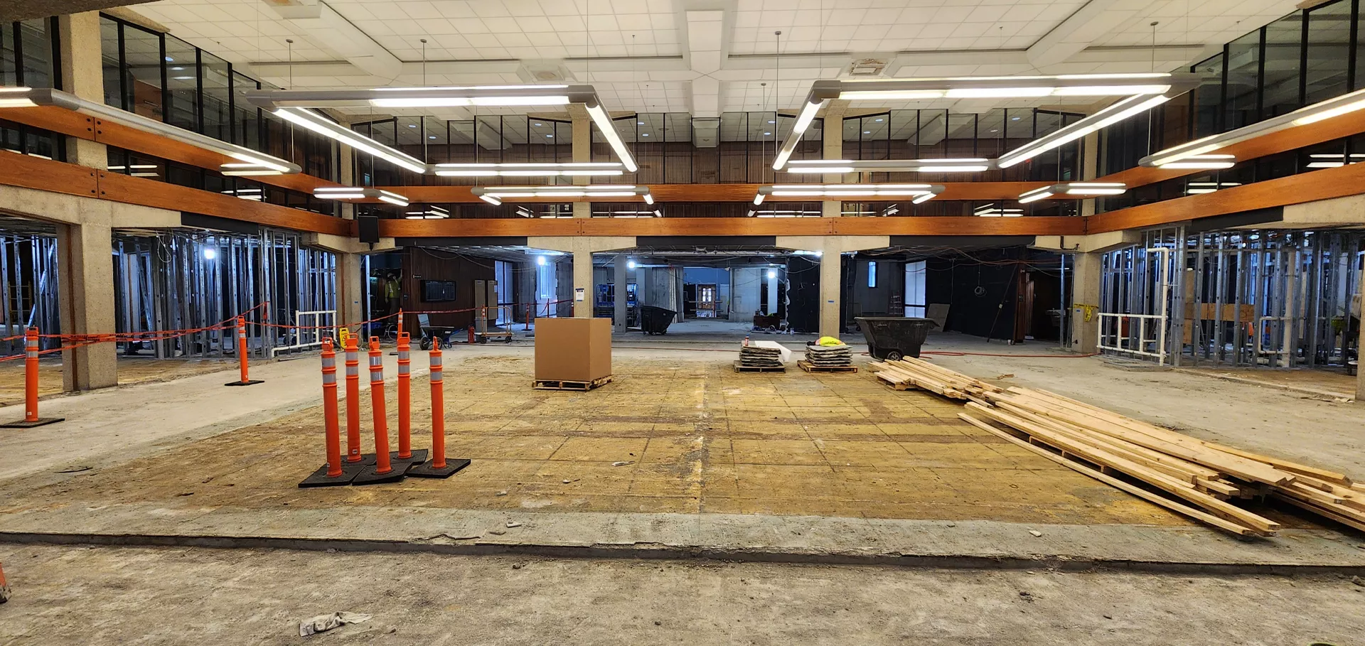 North lobby with exposed flooring