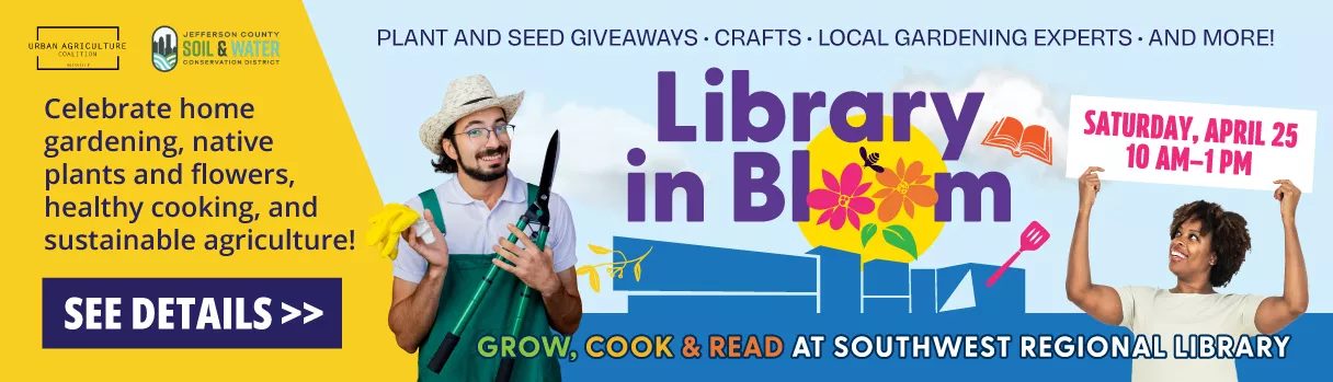 Man with a hat and gardening shears and a woman holding up a sign for the date of the event